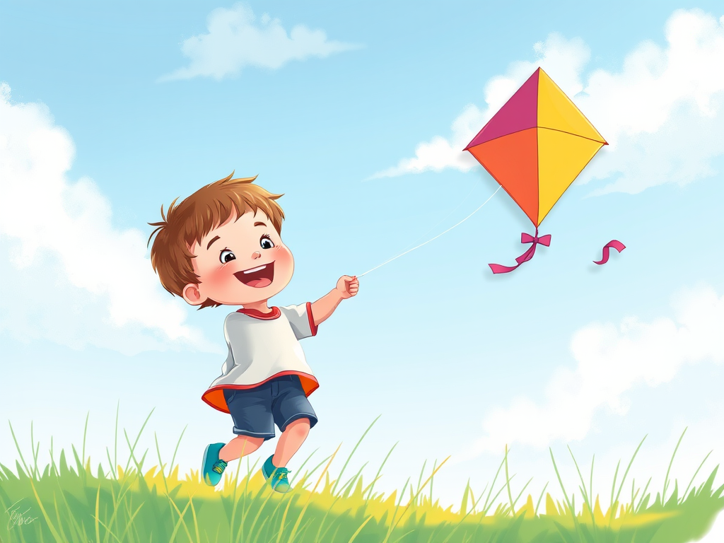Create a vibrant illustration of a happy child flying a colorful kite on a clear blue sky background, using a digital painting style, with soft edges and a playful atmosphere; camera settings: ISO 100, aperture f/8, shutter speed 1/250s; camera type: digital SLR; camera view: eye level.