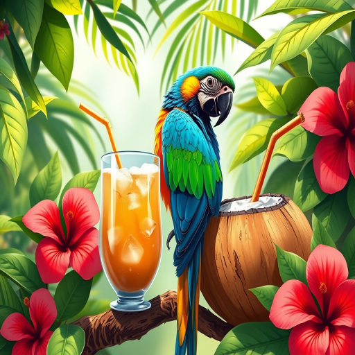 Create a vibrant illustration of a colorful parrot perched on a branch next to a coconut drink with a straw, surrounded by lush tropical foliage including hibiscus flowers and green leaves, using a Canon EOS R camera, 50mm lens, f/1.8 aperture, ISO 100, 1/200 second shutter speed, bright natural lighting for enhanced color saturation and detail.