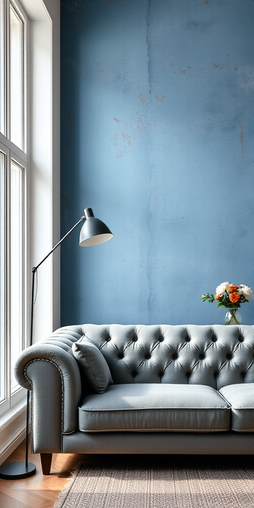 interior of a contemporary living room featuring a gray tufted sofa against a distressed blue wall with rust accents, a modern floor lamp and a side table with a floral arrangement, soft natural light from a large window, shot with a DSLR camera at f/4, ISO 200, 24mm lens, 1/60 sec shutter speed, wide-angle view for depth.