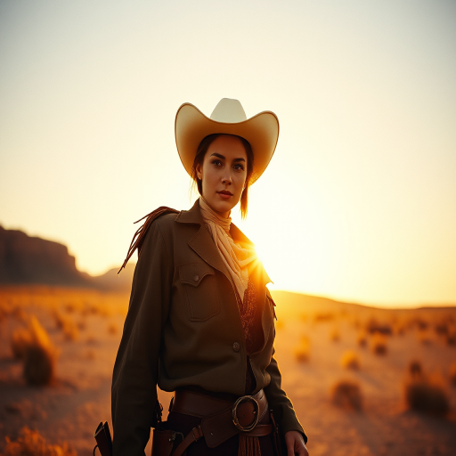 Dramatic photo of a beautiful Zambo woman, classic cowboy attire, confident and free spirit expression, half-length portrait, centered, golden hour desert landscape, warm, diffused light, low angle, medium format film camera, in style of Annie Leibovitz.