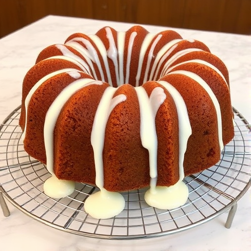 A moist bundt cake with a smooth cream glaze drizzling down the sides placed on a wire rack on a marble countertop.