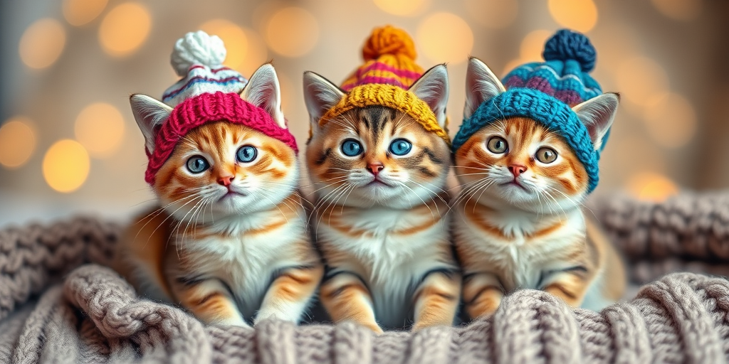 Three adorable cats wearing colorful knitted hats, sitting together on a cozy knitted blanket, soft focus with a warm bokeh background, shot with a 50mm lens, f/1.8 aperture, ISO 200, natural light, shallow depth of field.