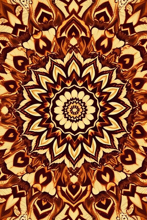 Create a mandala design featuring intricate patterns in warm browns and cream, with a symmetrical arrangement, high resolution, 50mm lens, f/8 aperture, balanced lighting, shot from an overhead view using a DSLR camera.