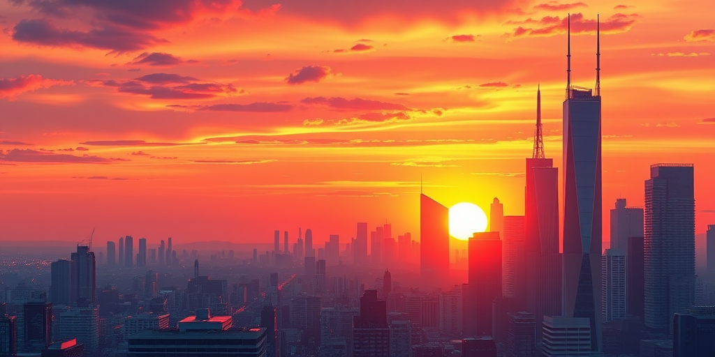 Create a detailed vector illustration of a futuristic city skyline during sunset with vibrant colors, using a Canon EOS R5 camera, ISO 100, aperture f/8, shutter speed 1/200 sec, wide angle view, in a digital art style.