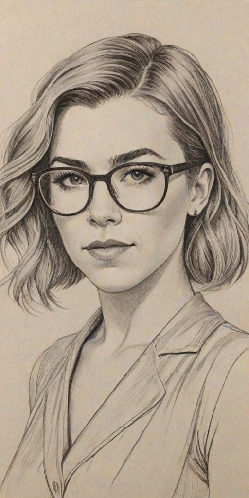 Pleasing Rachel Platten, pencil sketch, portrait of Pleasing woman 1920s in glasses, hair style beatnik, outline, clear lines, fine lines, 8k