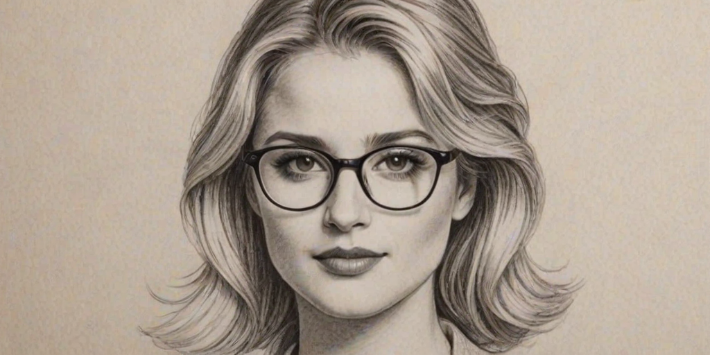 Gorgeous Diana Agron, pencil sketch, portrait of Magnificent woman 1980s in glasses, hair style beatnik, outline, clear lines, fine lines, 8k