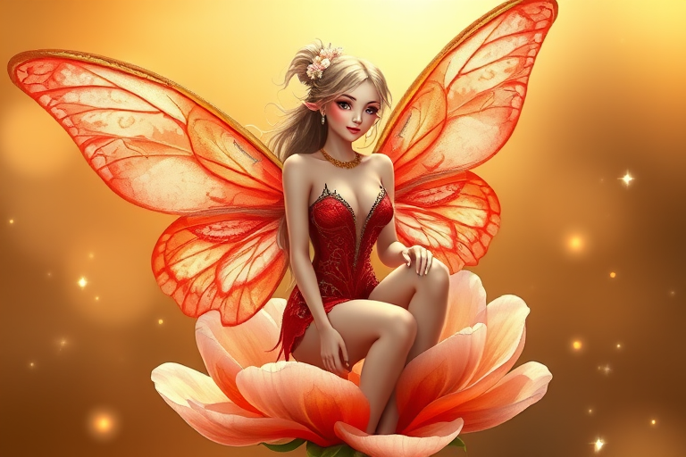 A digital artwork features a winged fairy with delicate Coral butterfly wings, adorned with intricate Spruce andPeriwinkle patterns. She is seated on a vibrant Pearl flower, wearing a revealing red two-piece outfit with sparkling beadwork. Her fair skin, long blonde hair, and gold jewelry add to her ethereal appearance. The background is a warm, golden gradient, creating a magical atmosphere. Small glowing orbs and sparkles surround the flower, enhancing the enchanting, highly detailed, and realistic scene.