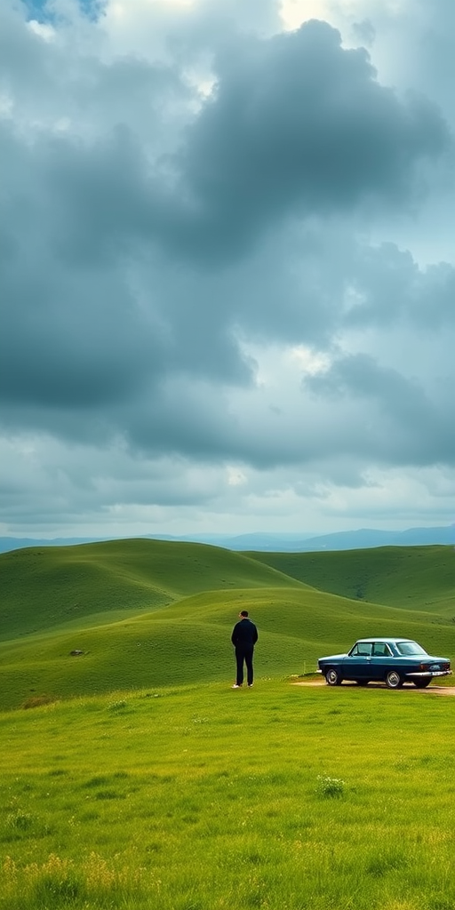 A solitary figure standing on rolling green hills with a vintage car parked nearby under a cloudy sky, captured with a Canon EOS R5, aperture f/4, shutter speed 1/200s, ISO 100, wide-angle lens, landscape view, high dynamic range.