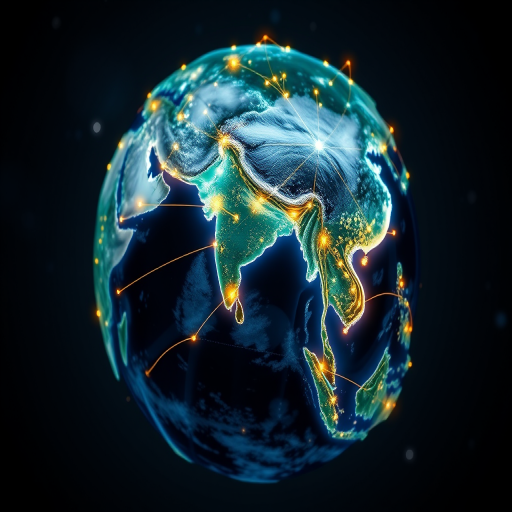 Generate a high-quality 3D visualization of Earth highlighting Asia with glowing network connections, using a DSLR camera with a 50mm lens, f/1.8 aperture, ISO 100, 1/60s shutter speed, and a low-angle view to enhance depth and detail.
