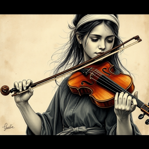 a young Romani woman with a white headband playing a violin, in the style of a charcoal drawing, sepia grunge background