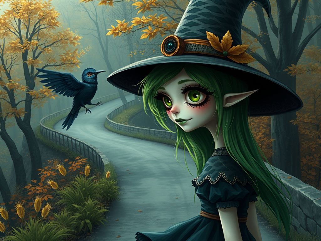 digital art fantasy depicting a strange girl with green hair, long eyelashes, green lipstick and a tall hat walking along a winding road on an autumn afternoon, an Umbrellabird smiles as she passes