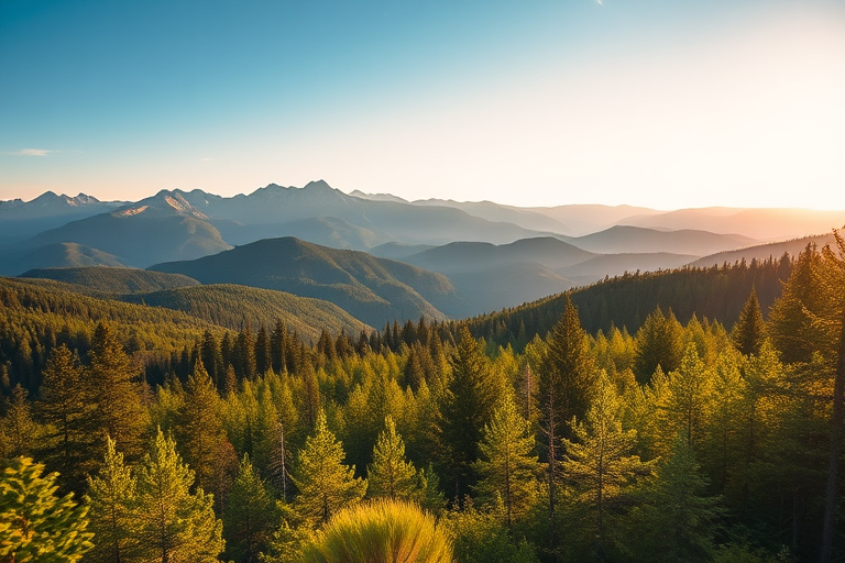 Generate a high-resolution image of a scenic landscape with mountains in the background, vibrant green forests in the foreground, soft golden sunlight illuminating the scene, use a Canon EOS R5 camera, 24mm lens, aperture f/8, ISO 100, shutter speed 1/250s, shoot from a low angle with a wide-angle view to capture depth and detail.