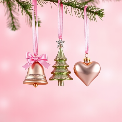 Create a high-resolution image of three Christmas ornaments including a bell, a tree, and a heart hanging from pink ribbons against a soft pink starburst background, shot with a DSLR camera, 50mm lens, f/2.8 aperture, ISO 200, and 1/125s shutter speed.