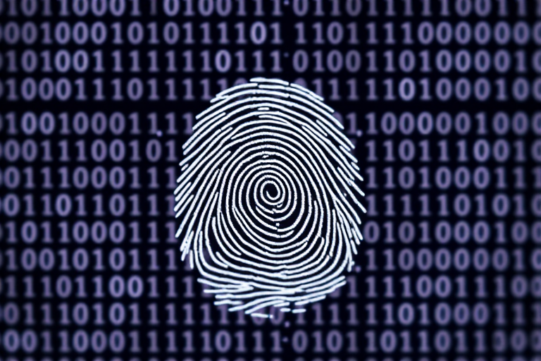 Generate a high-resolution digital artwork of a fingerprint surrounded by a binary code background, using a 50mm lens aperture f/2.8, ISO 100, with a focus on macro detail, taken from a top-down perspective using a DSLR camera.