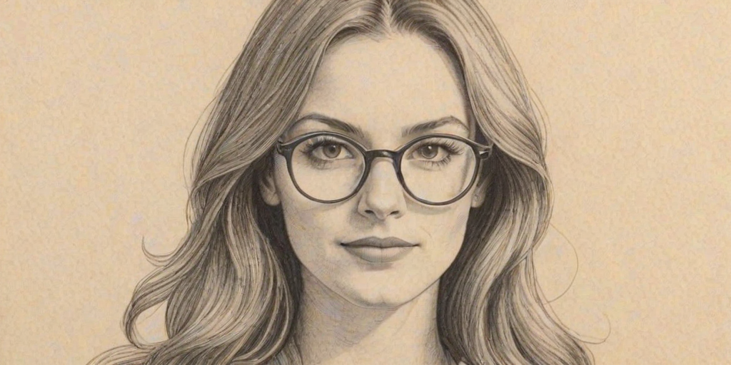 Enticing Kat Foster, pencil sketch, portrait of Charming woman 1971s in glasses, hair style beatnik, outline, clear lines, fine lines, 8k