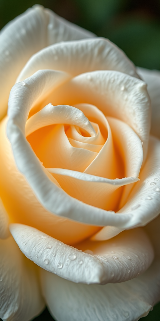 close-up of a white rose with water droplets on its petals, showcasing intricate details and soft textures