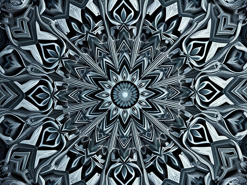 Generate an intricate mandala design featuring symmetrical patterns in shades of gray, captured with a high-resolution DSLR camera at f/8 aperture, ISO 100, and a 50mm lens, using soft natural lighting to enhance the depth and texture.