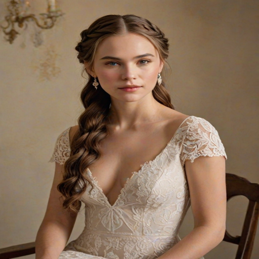 Create a portrait of a refined and elegant woman seated in a sophisticated setting. She has long, wavy hair styled in two thick braids that are pulled over her shoulders. She wears a white, lace gown with intricate patterns, featuring a deep V-neckline and short sleeves. The dress exudes a vintage charm with its delicate lacework. She is adorned with ornate, dangling earrings that add a touch of glamour to her appearance. The background is softly lit, with warm, ambient lighting that creates a cozy and inviting atmosphere. Her expression is poised and serene, capturing a sense of grace and elegance.