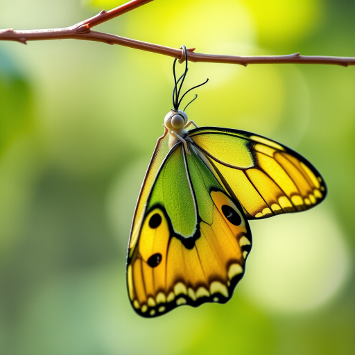 Generate an image of a butterfly emerging from its chrysalis, showcasing vibrant green and yellow colors. The butterfly should be hanging from a thin branch against a blurred natural background, emphasizing the transformation and delicate features of the wings.