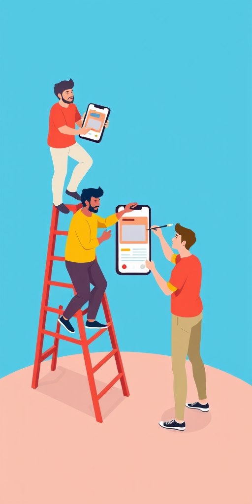 Create an illustration of three people collaborating on a mobile app design, with one person on a ladder holding a design element, another person presenting a smartphone with interface details, and a third person painting a design element, set against a solid blue background, using vibrant colors, in a flat vector style, captured with a digital camera, 50mm lens, f/4 aperture, ISO 100, top-down view.