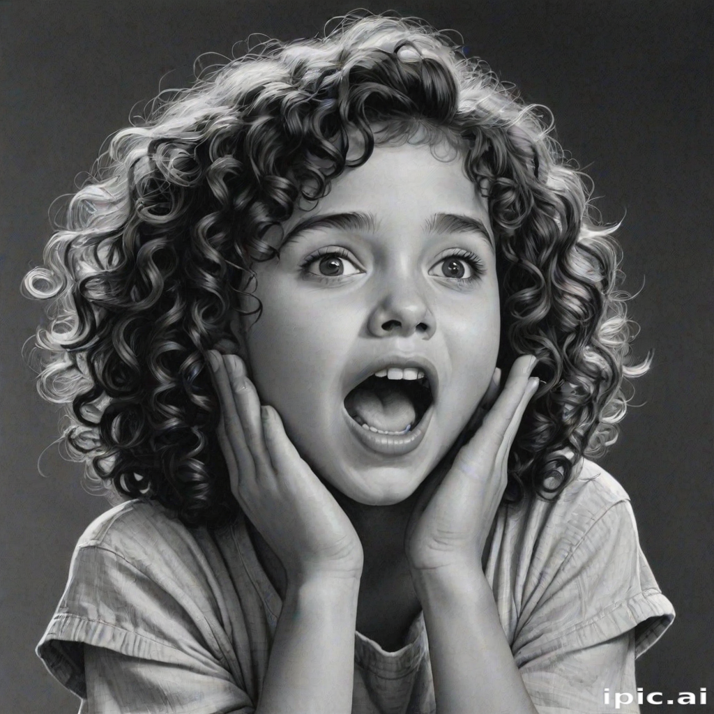The image is a black and white illustration of a young girl with curly hair. She has a surprised expression on her face with her mouth open and her hands clasped together in front of her chest. Her eyes are wide and her eyebrows are furrowed. Her hair is styled in loose curls that are cascading down her back. The overall mood of the image is one of shock or surprise.