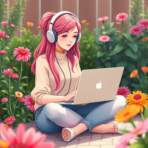 Generate a vibrant illustration of a young woman with pink hair sitting cross-legged at a laptop, wearing headphones, surrounded by flowers and plants, shot with a Canon EOS 5D Mark IV, 50mm lens, f/1.8 aperture, ISO 100, natural lighting, and a soft-focus background for enhanced quality.
