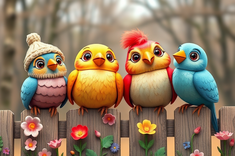 create a scene of 4 quirky  whimsical colourful comical birds each with a funny expression. they are sat on a wooden fence with colourful flowers. they are all different sizes. each one is a different colour  one is wearing a woolly hat. Each one has a different quirky google expression and there is a muted background of trees watercolour paintierly style high definition 8k resolution 3D paper mache