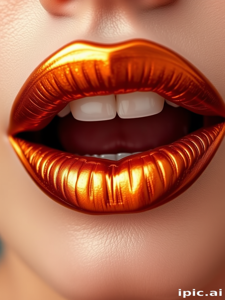 Metallic bronze lips with a liquid metal finish, named "Molten Amber," showcase a unique metallic sheen and warm undertones for a bold statement
