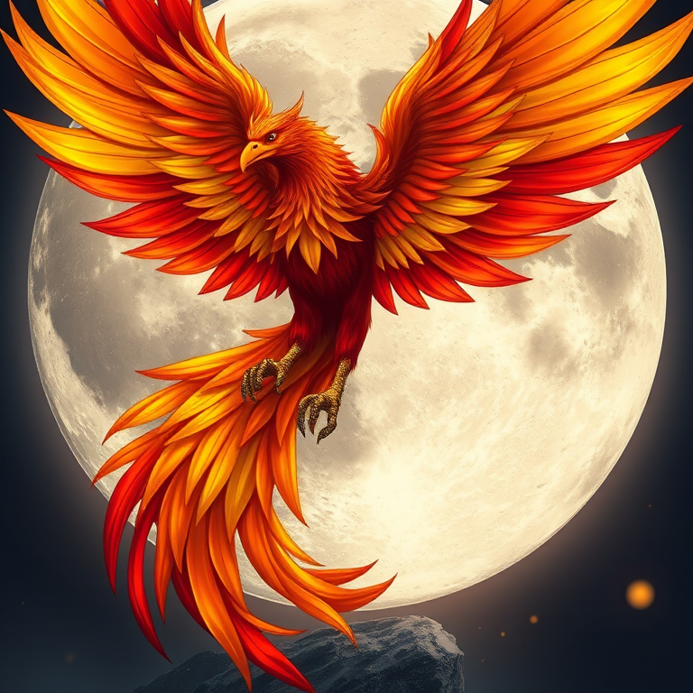 Create a vibrant illustration of a phoenix rising with detailed feathers in red, yellow, and gold hues against a textured silver moon in the background, using a high-resolution digital style with a 50mm lens, f/1.8 aperture, and soft lighting to enhance color contrast.