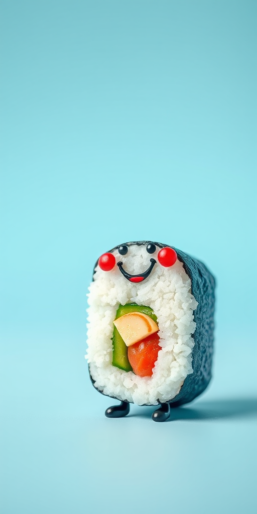 sushi character with a smiling face on a light blue background, using a shallow depth of field, DSLR camera, f/2.8 aperture, 50mm lens, soft natural lighting, high contrast colors