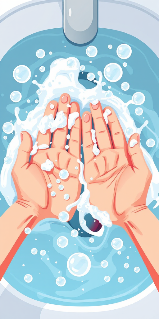 Create a vibrant illustration of two hands washing with soap bubbles and water droplets, designed in a modern flat style, captured from an overhead perspective using a DSLR camera with a 50mm lens, aperture set to f/2.8, ISO 100, and natural lighting for enhanced clarity and color contrast.