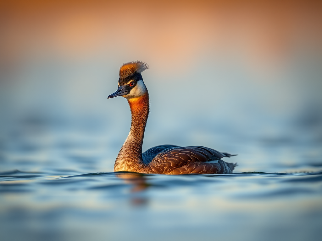 capture a close-up of a great crested grebe swimming gracefully on a serene lake during golden hour, with soft bokeh in the background, using a DSLR camera, 85mm lens, aperture f/2.8, shutter speed 1/500s, ISO 200, focus on the bird with a shallow depth of field