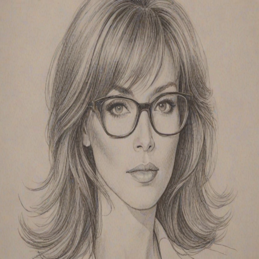 Comely Tanya Roberts, pencil sketch, portrait of Fetching woman 1963s in glasses, hair style beatnik, outline, clear lines, fine lines, 8k