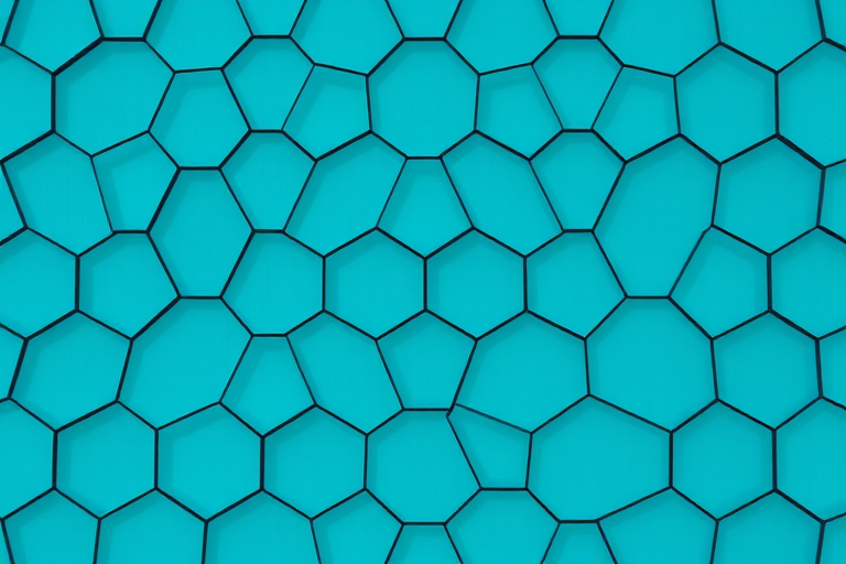 Create a seamless hexagonal pattern with gradient shades of teal and blue, using a high-resolution camera to capture sharp details, set at f/8 aperture, ISO 100, and a 50mm lens, viewed from a top-down perspective.