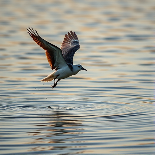 capture a bird taking off over calm water with ripples, golden hour lighting, 400mm lens, f/5.6, ISO 200, shutter speed 1/1000s, landscape orientation, DSLR camera