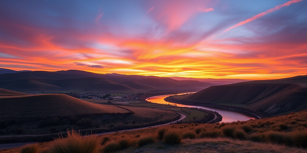 Create a high-resolution image of a serene landscape featuring rolling hills, a vibrant sunset sky with hues of orange and purple, and a calm river reflecting the scenery, captured with a Canon EOS 5D Mark IV, 24mm lens, f/8 aperture, ISO 100, using a tripod for stability.