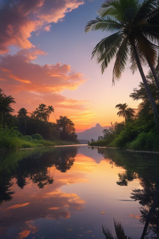 Tranquil Sunset Over a Serene River Surrounded by Lush Palm Trees