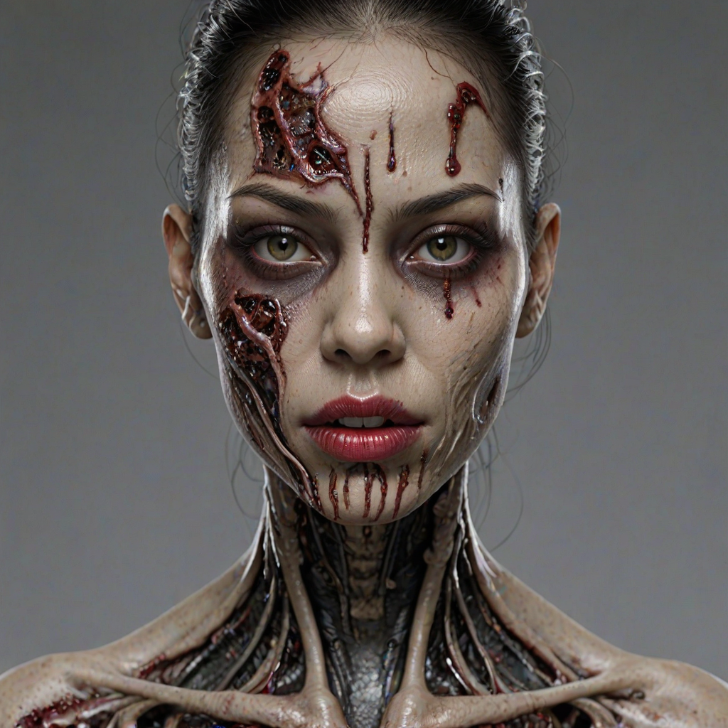 (perspective) of A creepy (ethnicity) zombie cyborg with (descriptive color) skin, (color) lipstick (color) liquid flowing from her eyes and mouth, (perspective two) portrait, (camera angle), extremely detailed, (art style) in the style of Yoshitaka Amano and Tetsuo Hara. --ar 85:128 --style raw --niji 6