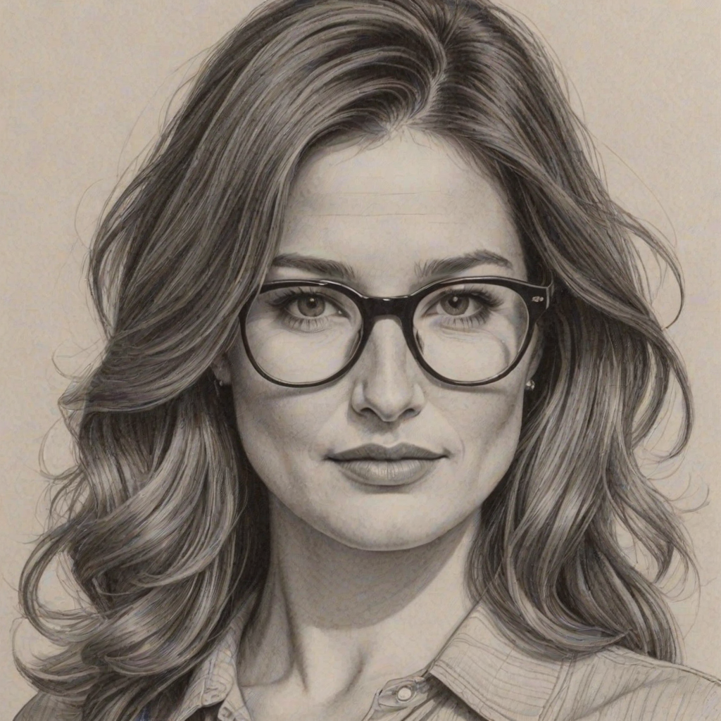 Stunning Kathryn Hahn, pencil sketch, portrait of Captivating woman 1960s in glasses, hair style beatnik, outline, clear lines, fine lines, 8k