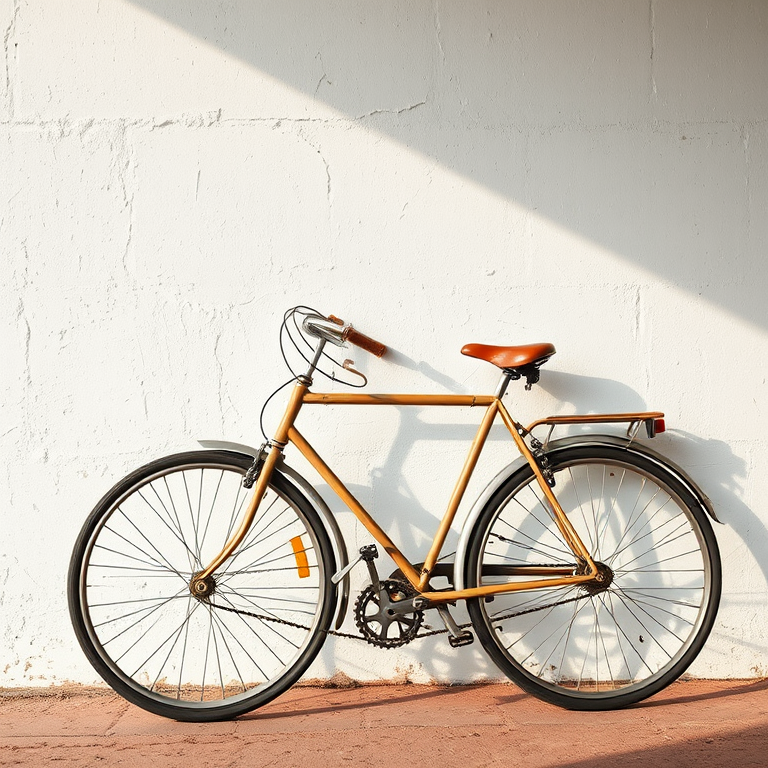 Capture a vintage bicycle leaning against a white textured wall with natural light, use a 50mm lens, aperture f/8 for sharp depth of field, ISO 100 for minimal noise, and employ a soft focus style for a nostalgic effect.