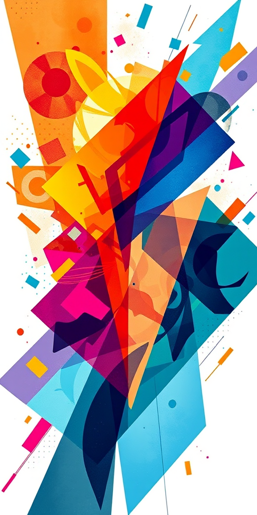 Create a high-resolution image of a dynamic abstract design featuring geometric shapes in vibrant colors, captured with a DSLR camera at f/8 aperture, ISO 200, 50mm lens, in portrait orientation for enhanced detail and clarity.