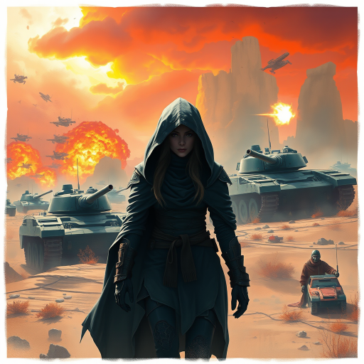 Generate a high-resolution digital artwork of a female character in a hooded cloak standing amidst a war-torn landscape with futuristic tanks firing in the background, using a wide-angle lens at f/2.8, ISO 100, shutter speed 1/250s, the scene should be dramatic with vibrant colors and dynamic lighting, employing a digital painting style with detailed textures and a cinematic feel.