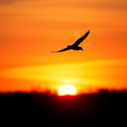 Generate a high-resolution image of a silhouette of a bird in flight against a sunset background, using a DSLR camera with a 50mm lens, aperture f/2.8, ISO 100, and a shutter speed of 1/200s, capturing a wide-angle view to enhance the vibrant colors of the sky.