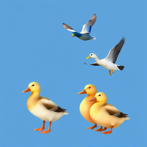 Create an illustration of four ducks: a standing duck, a blue duck, a flying duck, and two ducks together, against a solid blue background, using a digital drawing style, with vibrant colors and smooth gradients, resembling a vector art design, captured with a digital camera at f/8 aperture, ISO 100, and a focal length of 50mm.