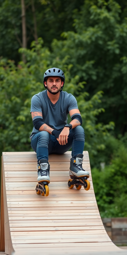 A man sitting on a wooden ramp with rollerblades, wearing a helmet and protective gear, surrounded by greenery, shot with a Canon EOS R5, 50mm lens, aperture f/2.8, shutter speed 1/200s, ISO 100, natural light.