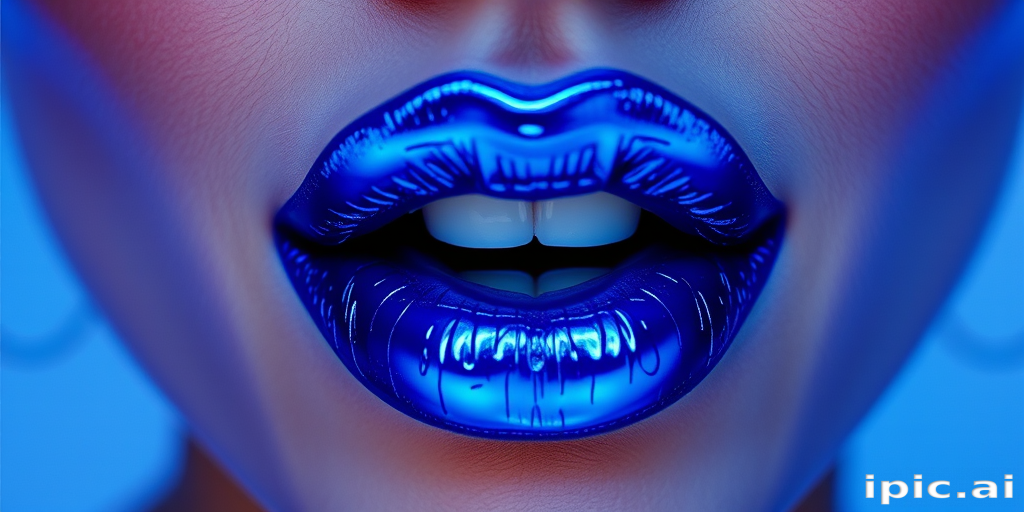 Electric blue lips with a metallic finish, bold and eye-catching, perfect for a futuristic or cyberpunk-inspired fashion editorial