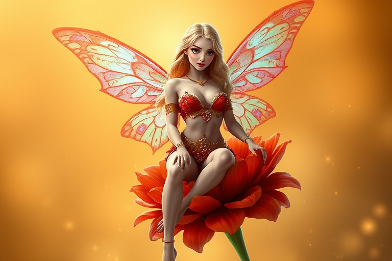 A digital artwork features a winged fairy with delicate Fluorescent butterfly wings, adorned with intricate Periwinkle and Teal patterns. She is seated on a vibrant Rust flower, wearing a revealing red two-piece outfit with sparkling beadwork. Her fair skin, long blonde hair, and gold jewelry add to her ethereal appearance. The background is a warm, golden gradient, creating a magical atmosphere. Small glowing orbs and sparkles surround the flower, enhancing the enchanting, highly detailed, and realistic scene.