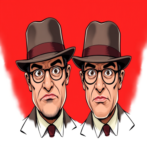 Create a high-resolution illustration of two men in bowler hats with exaggerated facial expressions, set against a solid red background, using digital illustration techniques; apply a 50mm lens, f/2.8 aperture, and vibrant color settings to enhance image quality.