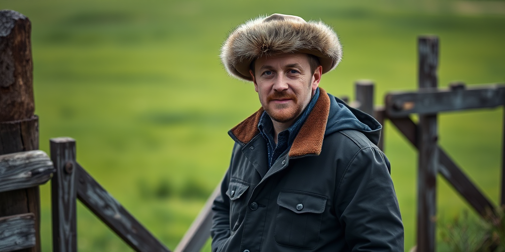 Generate an outdoor portrait of a man wearing a fur-lined hat and a jacket, standing by a rustic wooden gate in a lush green field, with soft natural lighting, shallow depth of field, portrait lens at f/2.8, ISO 100, shutter speed 1/200s, using a DSLR camera.