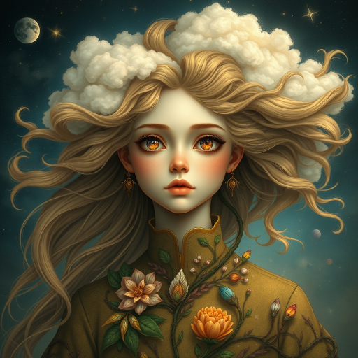 Create a series of imaginative portraits where each subject is infused with elements of fantasy and nature. The hair of the individuals should flow like clouds, varying from soft, fluffy cumulus to wispy cirrus strands, with hints of color reflecting a sunset or a clear blue sky. The eyes should be windows to entire galaxies, with stars, nebulae, and distant planets visible within them. Clothing should be adorned with nature motifs, such as floral patterns that bloom and change, vines that seem to grow and wrap around, or feathers that shimmer with iridescence. Each portrait should capture a unique personality, blending human features with the ethereal beauty of the natural and cosmic world. The backgrounds can vary, from starry night skies to enchanted forests, adding depth and context to the magical realism of the portraits